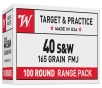Winchester .40 S&amp;W 165 Grain FMJ Centerfire Handgun Ammo - 100 Rounds